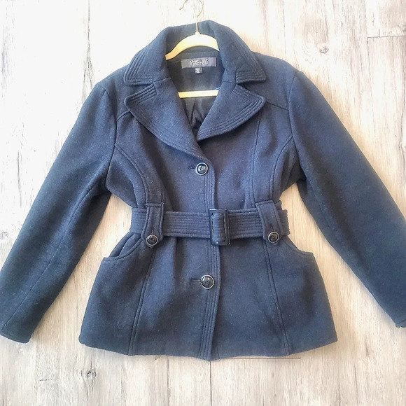 Kenneth Cole Reaction Black Pea Coat with Notched Lapel and Belted Waist - Picture 2 of 6